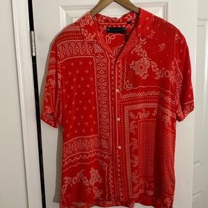 All Saints Red Bandana Print Short Sleeve Button-Down Shirt